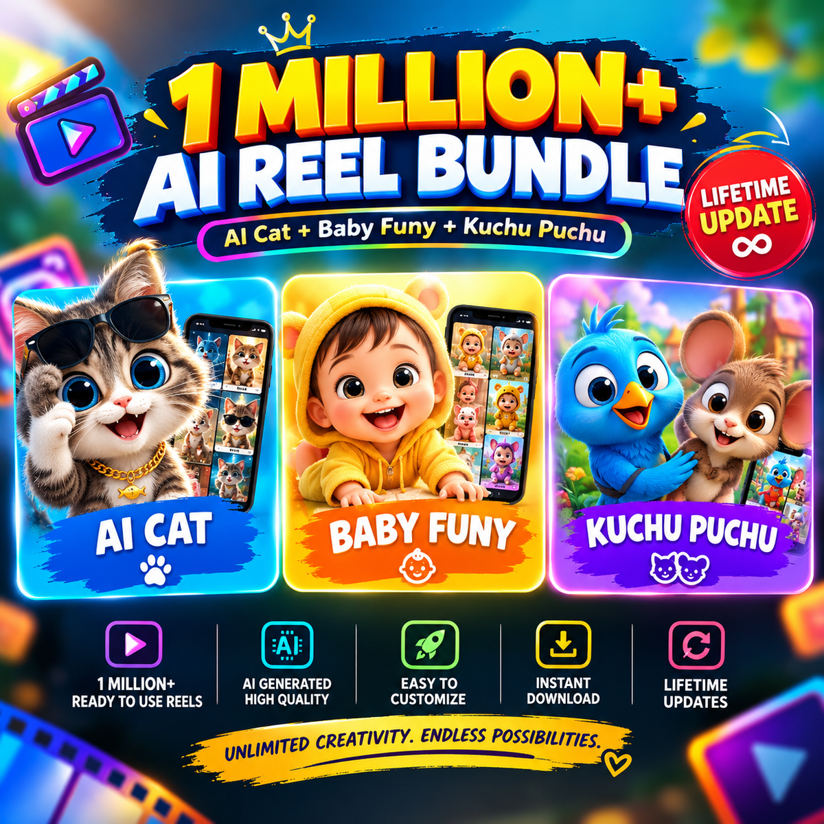 1 Million+ AI reel Bundle (AI Cat + Baby Funy + Kuchu Puchu) Life time update